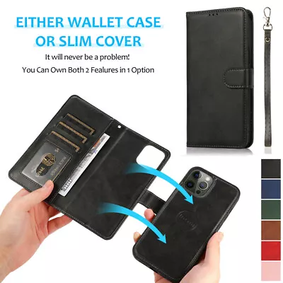 2-in-1 Magnetic Removable Flip Wallet Leather Case Cover Stand For IPhone 7-15 • £12.59