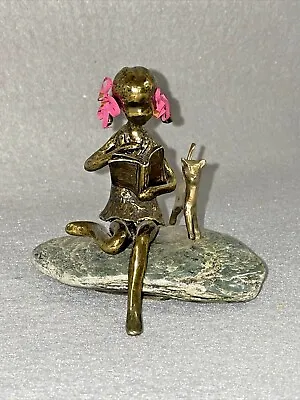 Malcolm Moran Bronze Statue ~girl Reading To Cat~ Pigtails With Pink Ribbons • $249.99