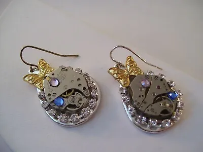 Steampunk Earrings Watch Gears Parts OOAK Dangle Hand Made Butterfly Crystals • $18.99