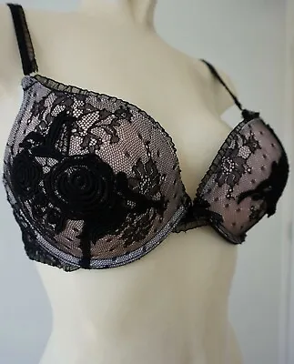 Primark Maximise+2 Cup Sizes Sultry Black Floral Lace On Nude Ultra Sexy Bra 32c • £13.99