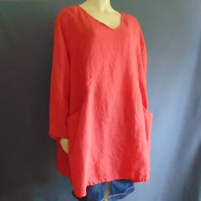 La Fixsun Coral 100% Linen V-Neck Big Pocket Oversized Tunic Top L • $39