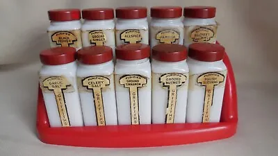 Griffiths 10 Milk Glass Spice Jar Set Orig. Front&Back Labels W/Shelf • $15