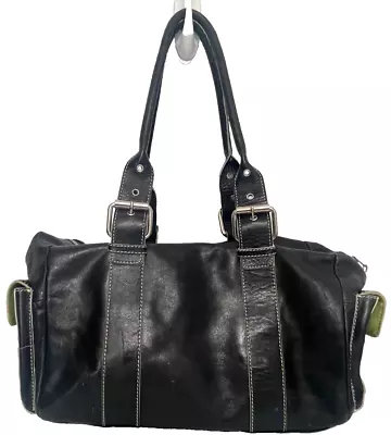 Vintage HYPE Leather Hobo Shoulder Bag Black Silver Hardware Pockets Lime Lining • $24.99