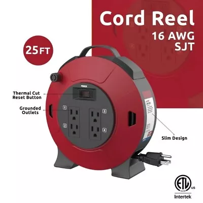25 Ft. Retractable Extension Cord Reel With 4 Outlets Black/Red • $19.96