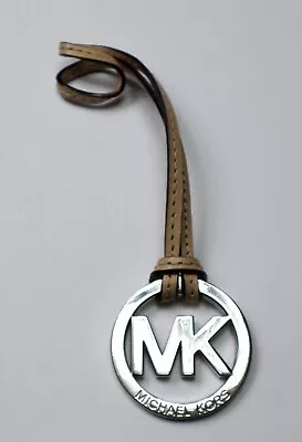 Michael Kors Silver Large 2  MK Logo W/Beige Leather Strap Hangtag Key Ring FOB • $12