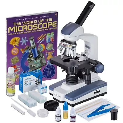 AmScope 40X-2500X LED Monocular Compound Microscope + Slide Preparation Kit + Bo • $204.99