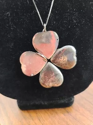 STERLING SILVER Etched 4 Leaf Clover Heart Locket Pendant & Chain 22  240319-4 • $45