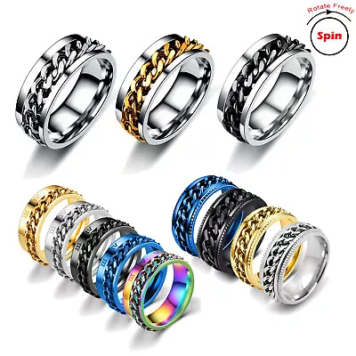 $5.99 • Buy Anti-anxiety Spinner 21 Designs Fidget Rotating Ring Cuban Chain Stainless Steel