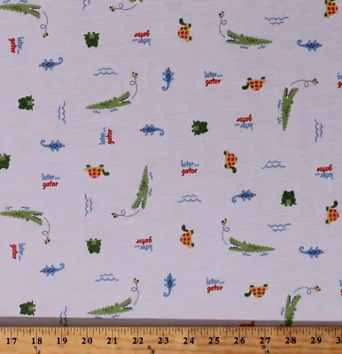 Alligators Later Gator Turtles Frogs White Jersey Knit Fabric Print BTY D346.07 • $6.99