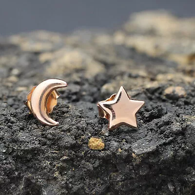 Asymmetry Symbol Moon Star Stud Earrings 14K Rose Gold Plated Sterling Silver • $31.04