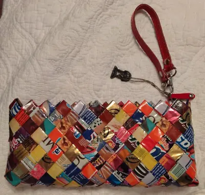 Nahui Ollin Candy Wrapper Purse 9.5  Woven Clutch Wrist Strap Charm Zip Pouch • $11.95