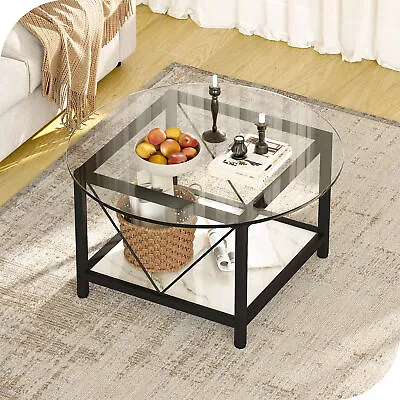Modern Round Coffee Table With Tempered Glass Tabletop Marble Base End Table • $100.79