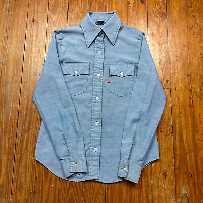 Vintage Levis Chambray Shirt Adult Small Orange Tab Long Sleeve 70s • $39.99