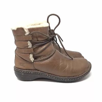 UGG Caspia Brown Leather Sherpa Sheepskin Lined Ankle Boots Size 6 Women Lace • £47.29