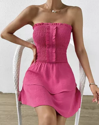 Ladies Pink Frill Trim Summer Shirred Layered Tube Dress Size M 10-12 • £10.95