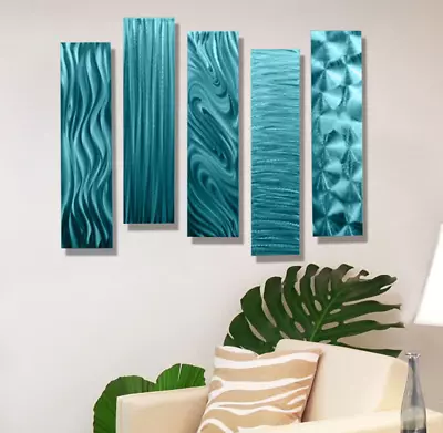 Metal Wall Art 5 Panel Large Aqua Modern Abstract Accent Decor By Jon Allen • $199