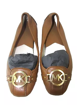 Michael Kors Fulton Ballet Flats Camel Brown Leather Shoes Gold MK Logo Size 7M • $25
