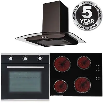 SIA 60cm Black Single Fan Oven 4 Zone Ceramic Hob And Curved Glass Cooker Hood • £410.99