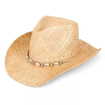 Fidra Unisex Natural Straw Cowboy Hat With Shell Band  One Size Fits All. • £13.95