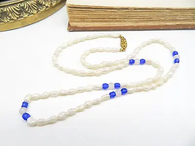 Vintage 20  Long White Iridescent Pearl Blue Crystal Bead Necklace NN27 • $15.99