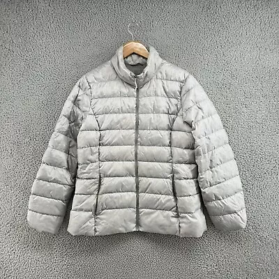 Eddie Bauer Puffer Jacket Womens XL Grey Goose Down Hiking Quilted Nylon EB650 • $21.99