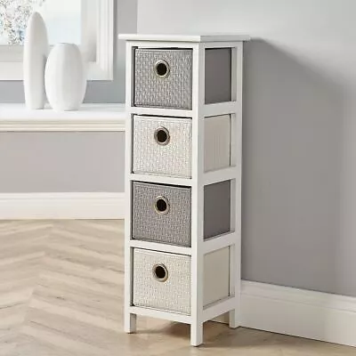 Wooden Storage Unit White 4 Drawer Chest Faux Leather Basket Organiser Bedroom • £39.99