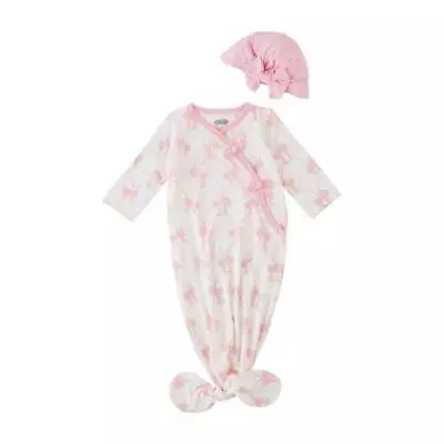 Mud Pie Pink Bow Take-Me-Home Tie Hem Gown Set With Hat  0-3 Months • $25.60