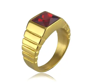 Men's Gold Plated Wedding Ring Stainless Steel Garnet Signet Ring Biker Punk • $11.98