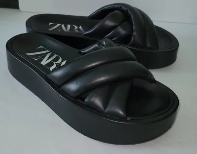 $29.99 • Buy ZARA Black Faux Leather Puffer Strappy Platform Slides Sandals 39 8 8.5 