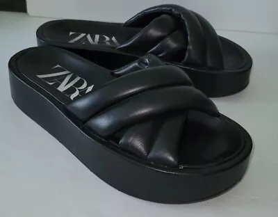 ZARA Black Faux Leather Puffer Strappy Platform Slides Sandals 39 8 8.5  • $29.99