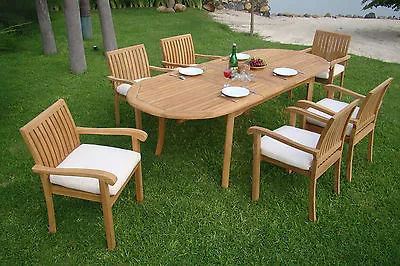 7 Pc Outdoor Dining Teak Set - 94  Double Extn Oval Table 6 Stacking Chairs Nap • $3139