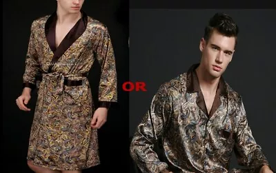 SILKPEACE Mens Silk Satin Pajamas Set OR Silk Satin Robe Satin Lounge Pants Top • $21.98