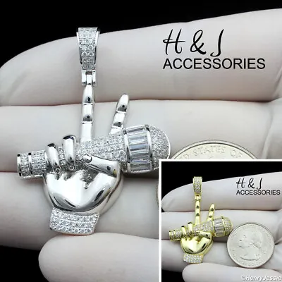 925 Sterling Silver Bling Cz Gold Plated/silver 3d Microphone Hand Pendant*ap408 • $44.99