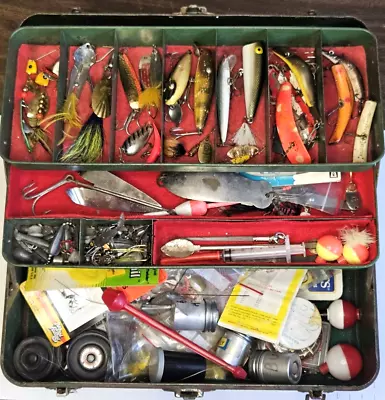 Vintage Union Steel Tackle Box 2 Tiers LOADED W Old Lures & Fishing Gear • $31