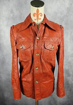 RAREST! VTG Saxony Men's 38 Orange Genuine Leather Quilted Jacket Point Collar • $299