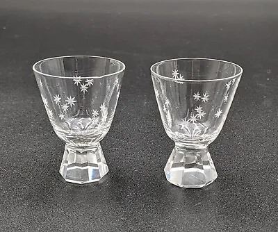 2 Vintage Cut Crystal Atomic Star Etched Pedestal Cordial Liquor Glasses As Is • $25