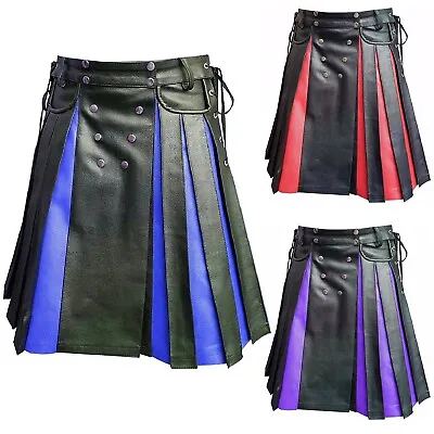 Scottish Men Kilt Traditional Highland Dress Skirt Kilts Tartan PU Leather Skirt • $45.88