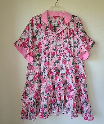 Sue Sartor Pink Floral Cottagecore Dress XL Bell Sleeve Mini Tiered Boho • $245