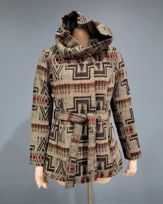 Vintage 90s MOSSIMO Tribal Southwestern Belted Hooded Wool Blend Jacket M • $22.99