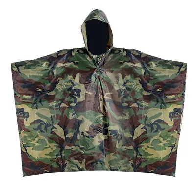 Poncho Military Woodland Ripstop Wet Weather Raincoat Camo For Camping Hiking • $20.99