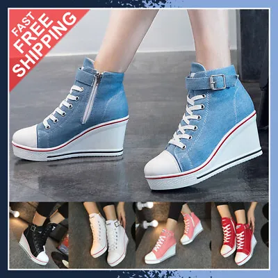 $38.99 • Buy Hot Ladys High Top Wedge Heel Sneakers Women Lace Up Pumps Canvas Sport Shoe New