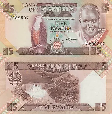 Zambia 5 Kwacha (ND/1988) - Fish Eagle/Hydroelectric Dam/p25d Sign 7 UNC • $0.99