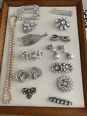Vintage Costume Wearable Jewelry Lot Rhinestone Brooches Earrings 14 Pieces • $9.99