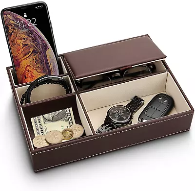 Valet Tray Organizer - Leather Nightstand Dresser Top Box With 5 Compartment • $24.13