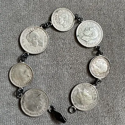 Antique English 3 Pence Coins Sterling Silver 7.5  Bracelet Georges 1909-40 Date • $44.95