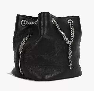 Yves Saint Laurent YSL Black Croc Embossed Leather Emmanuelle Bucket HandBag Bag • £400