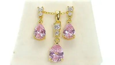 Ladies 9 CT Gold Sterling 925 Silver Pink & White Sapphire Earring Necklace Set • £49.49