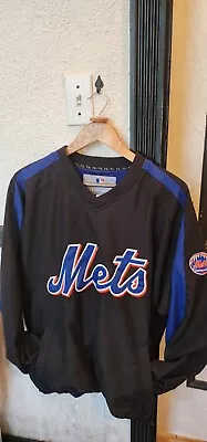 VTG MLB Majestic New York Mets Pullover Windbreaker Jacket Black Mens L V Neck • $64.99