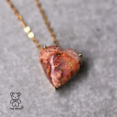 Heart Shaped Mexican Matrix Fire Opal Pendant Necklace 18K Yellow Gold • $523.47