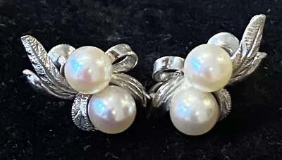 Vintage Mikimoto Two Pearl Gold Earrings 14k White Gold • $350